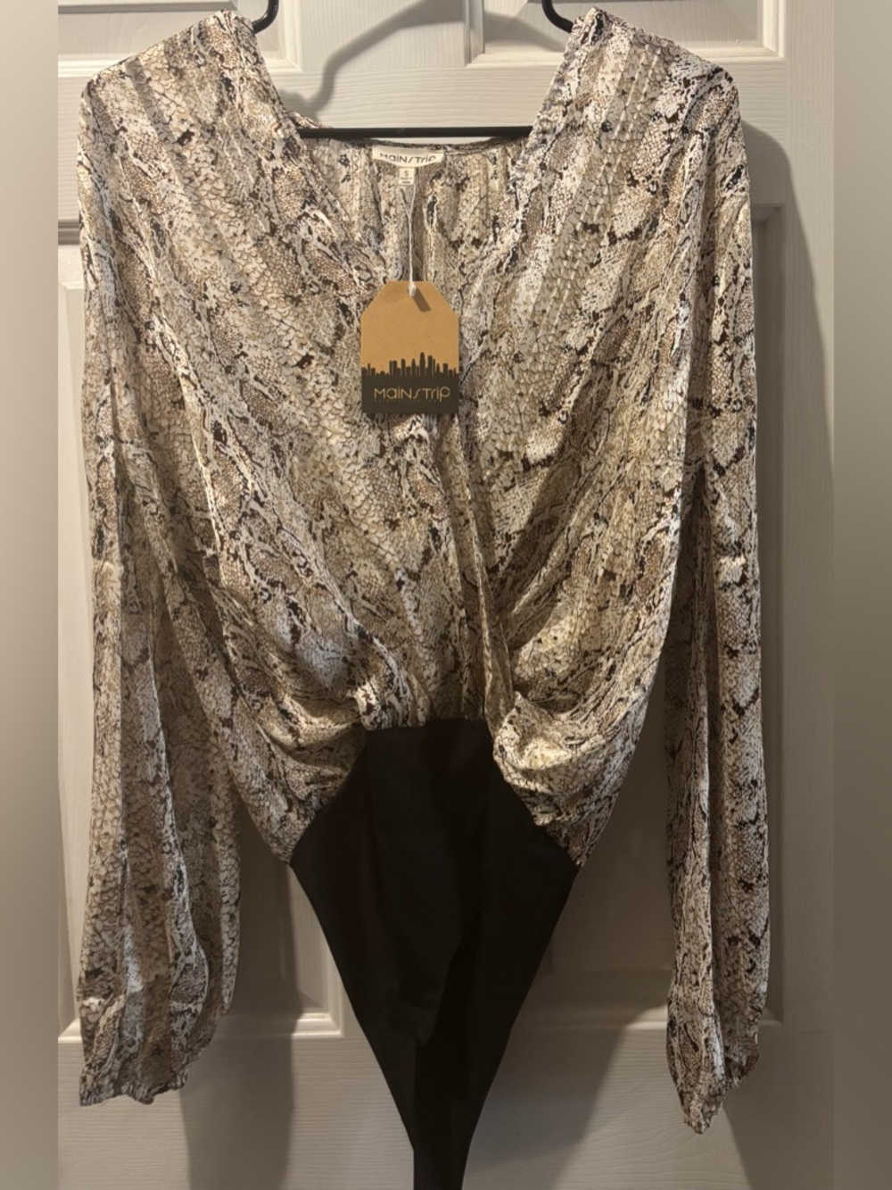 Main Strip Snake-Print Wrap Bodysuit in Beige and Black